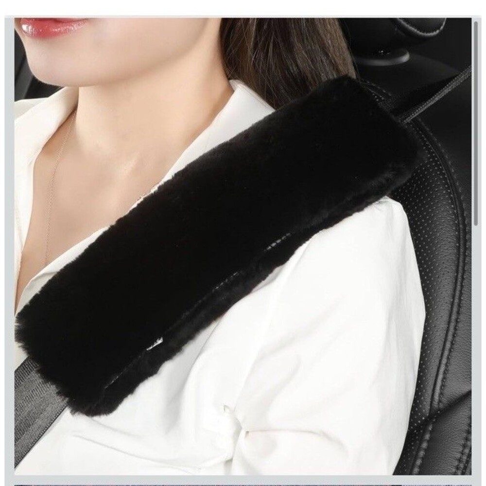 Fluffy Fuzzy Genuine Sheepskin Car Seat Belt Cover Pad, Seatbelt 1 Black